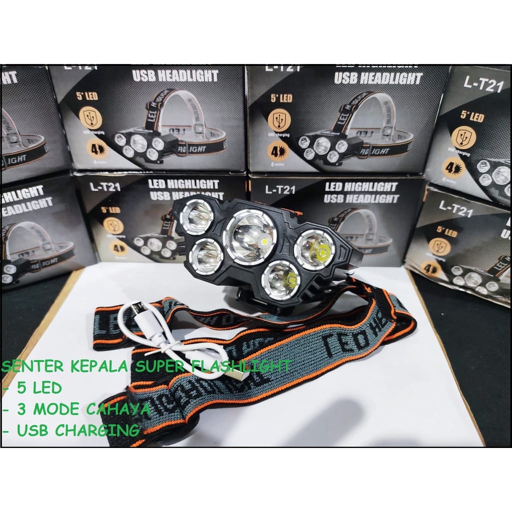 Senter Kepala 50W 5LED Headlight LED USB 50W+10W Senter Kepala 3 Mode Cahaya L - T21 Cod