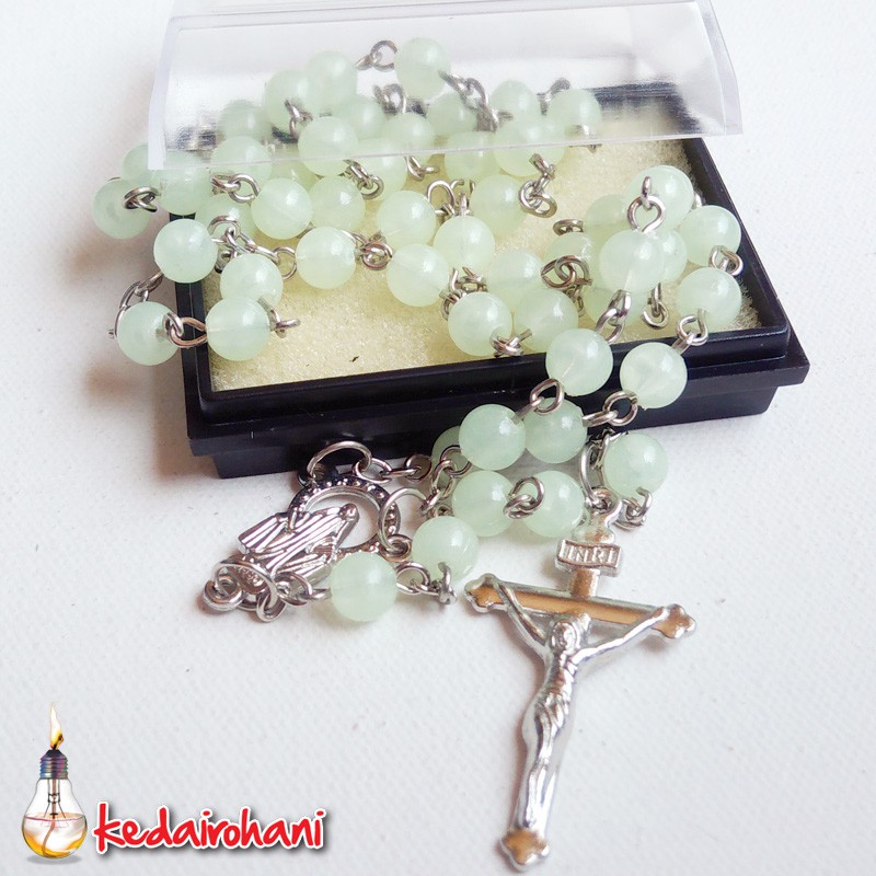 Rosario Maria Kalung Manik/Mote Fosfor bulat 6 mm harces Maria salib Yesus logam