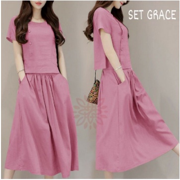 Set Grace Baju Dress Midi Kasual Wanita Dewasa Terbaru Fashion Pakaian Perempuan Kekinian Atasan Wan