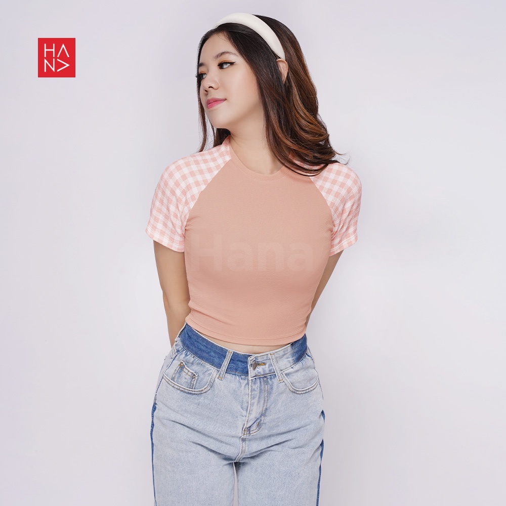 HanaFashion JKT - Bomi Raglan Chekered Blouse Crop Top Atasan Wanita - CT279