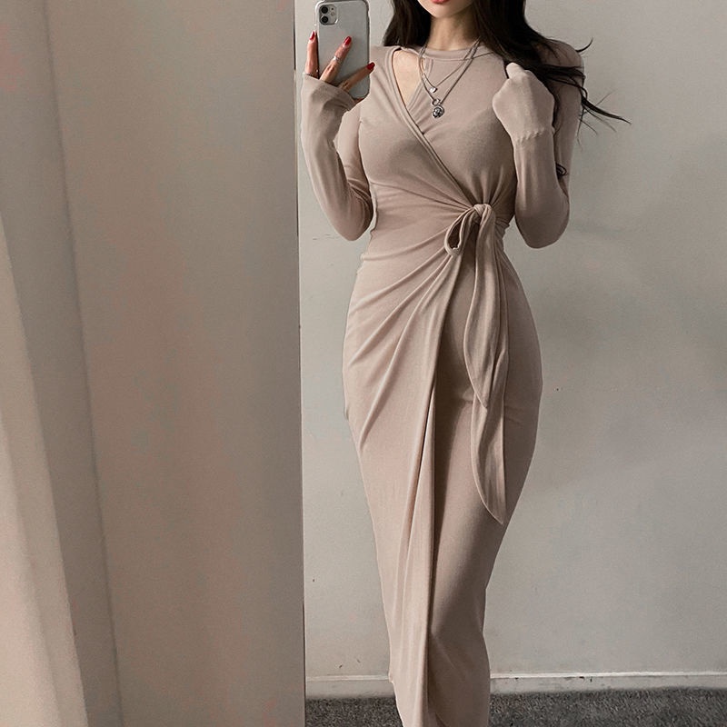 BIIKPIIK Temperamen Selebriti Renda Pinggang Lengan Panjang Gaun Wanita Musim Gugur dan Musim Dingin