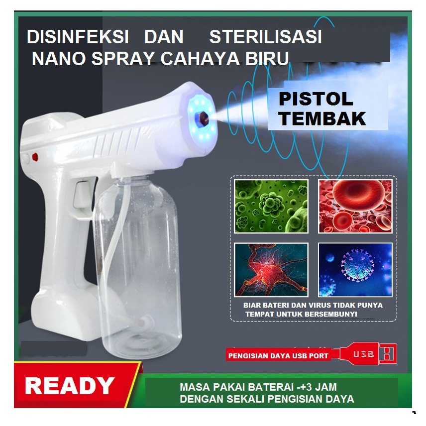 PELENGKAPAN NANO SPRAY GUN WIRELESS PORTABLE DISINFECTANT ISI 800ML BLUE LIGHT SINAR UV STERILIZER F