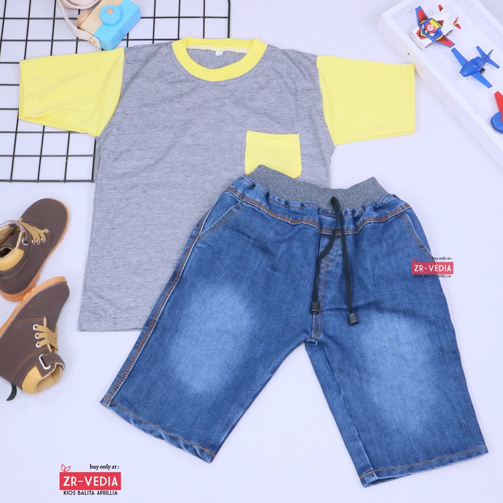 Setelan John Ethes uk 5-6 Tahun /  Set Lengan Pendek Anak Laki-Laki Celana Jeans Kantong Baju Oblong