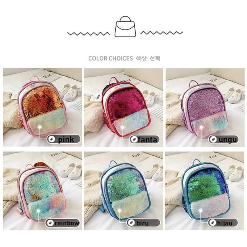 Tas Ransel Sequin Bulu TRU036 backpack anak perempuan tk sd