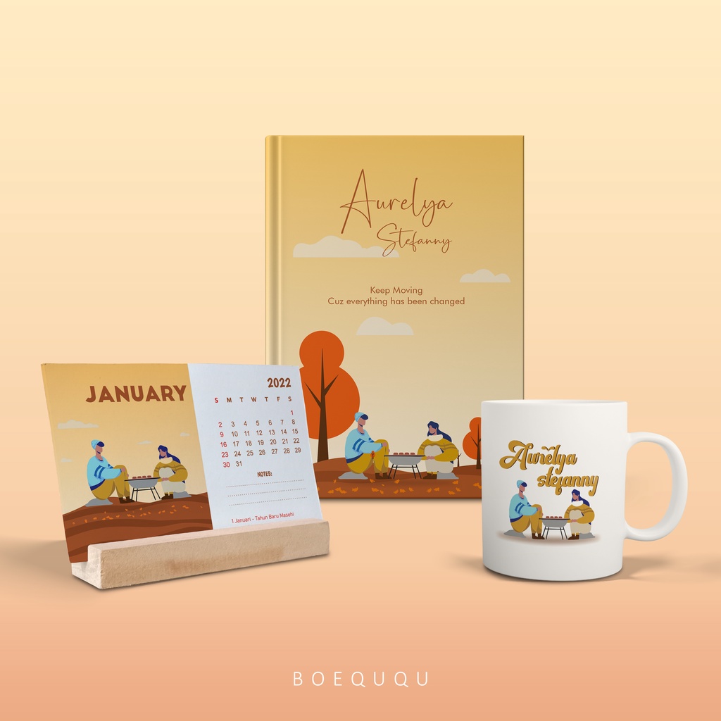 

BOEQUQU - WFH SET Paket Kado Souvenir Hampers Custom Design / 3in1 Notebook A5 Mug & Kalender Custom
