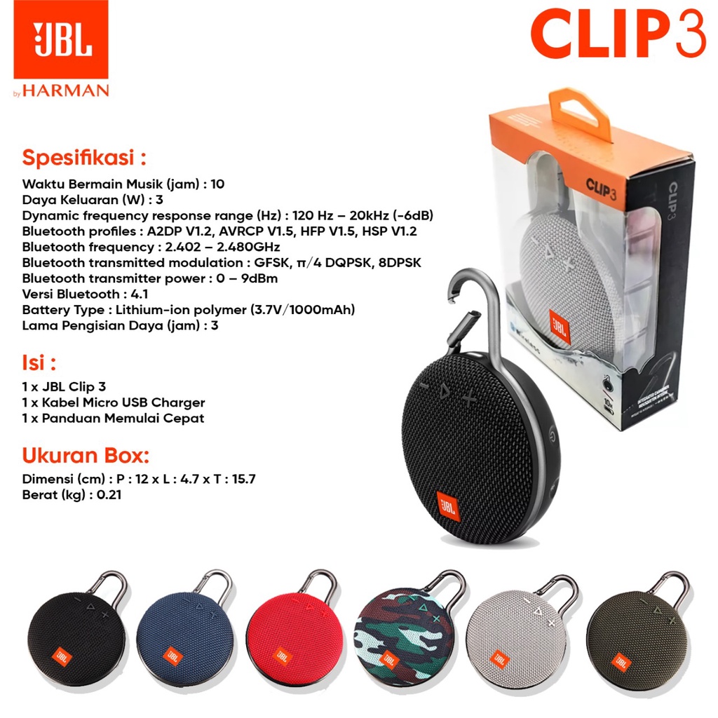 Speaker Bluetooth JBL CLIP 3 Ultra Wireless Portable JBL Clip3 IPX7