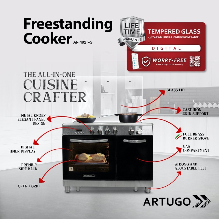 ARTUGO FREESTANDING COOKER AF 492 FS BRASS BURNER GARANSI RESMI