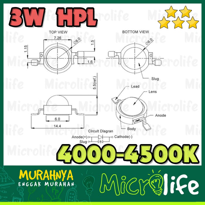 LED 3 Watt Natural White 4000-4500K 3.2v 45Mil Putih Natural 3W