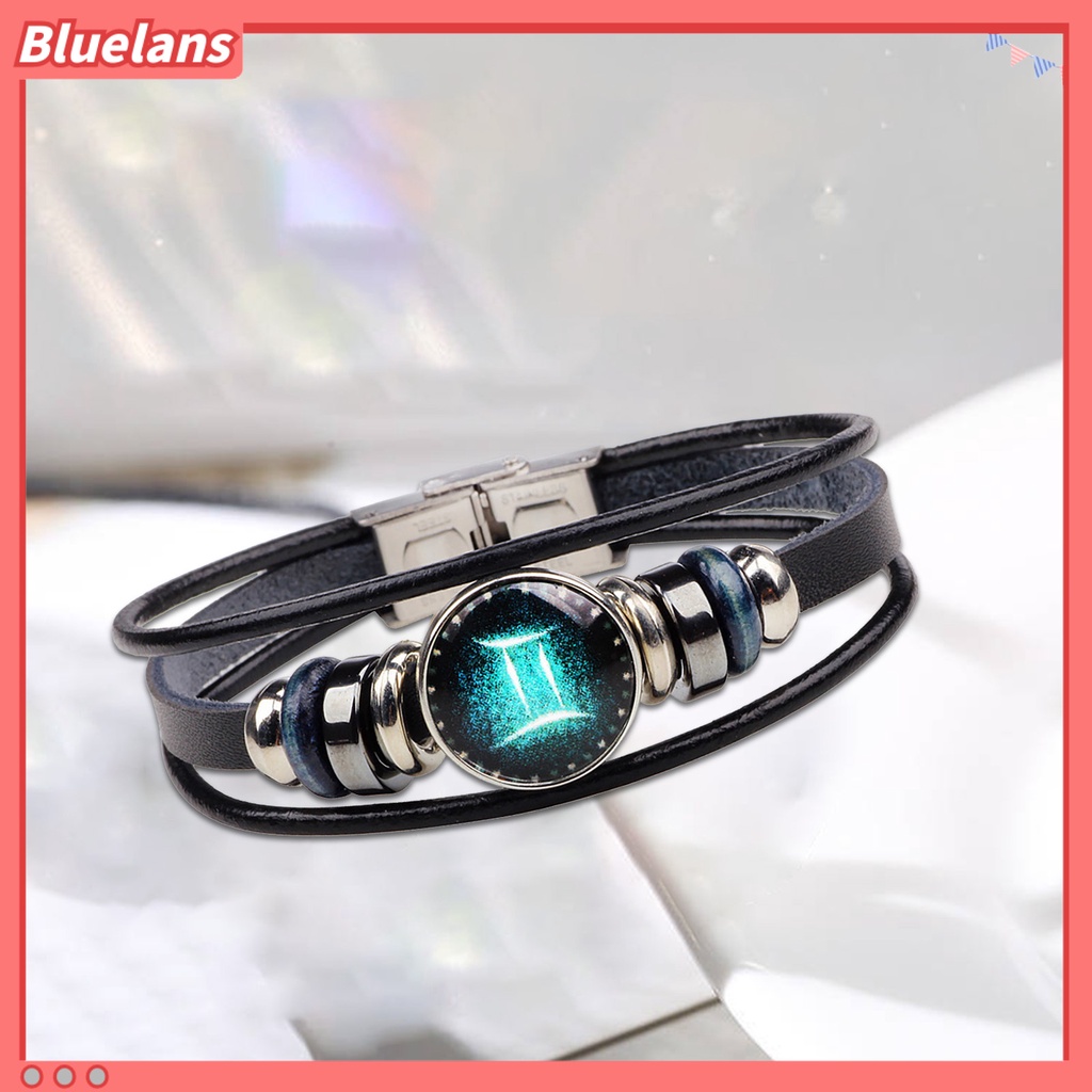 Bluelans Gelang Kulit Multilayer Hias Manik-Manik 12 Rasi Bintang Gaya Retro Untuk Unisex