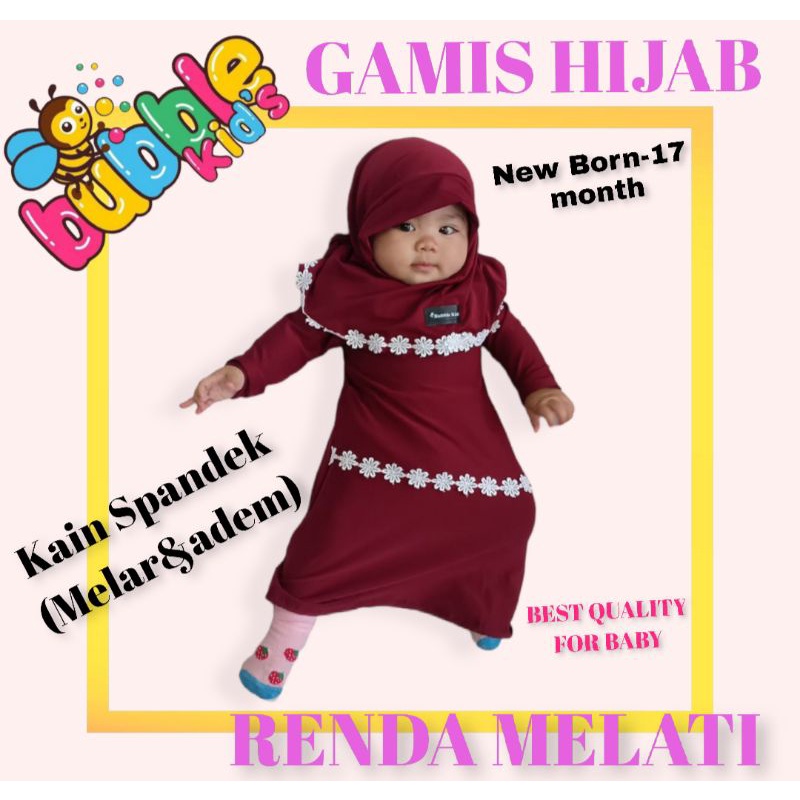 Gamis Hijab Renda Melati Bayi Balita Anak Perempuan Fashion Muslim Lucu Polos Katun 0-2 Tahun