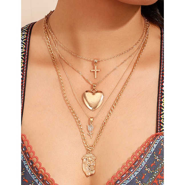 LRC Kalung Fashion Gold Face Flower Love Cross Alloy Multi-layer Necklace D19392