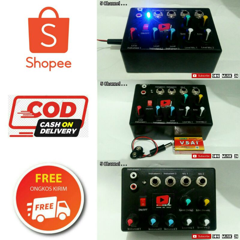 Mini Mixer 5 Channel (Vocal Version) Support Efect Delay (Speed) dan Reverb (Echo)