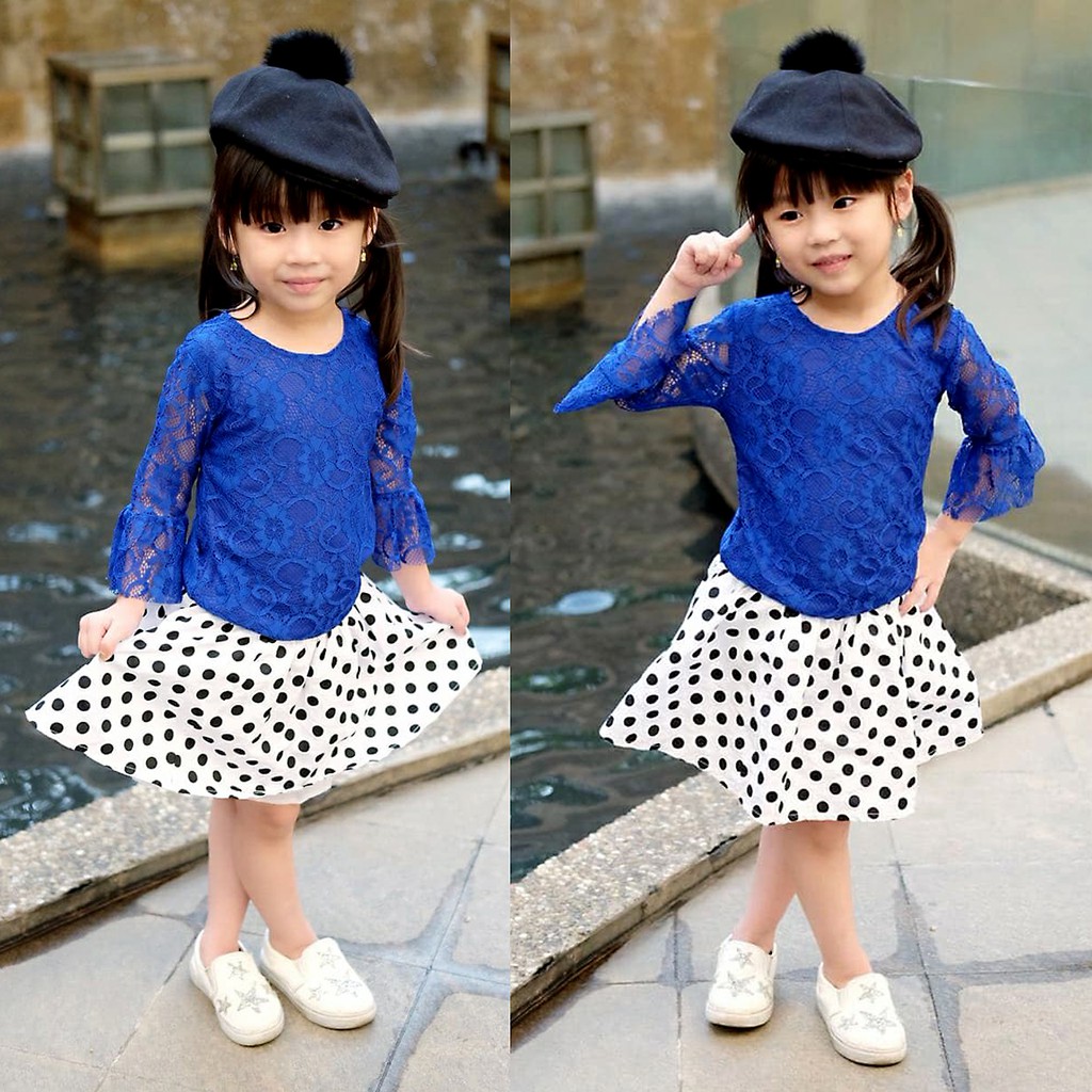 Setelan Anak Cewek Americano Blue Polka Fashion Set 2in1 (baju, rok)