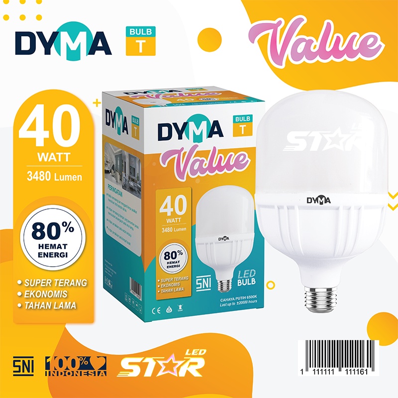 DYMA VALUE Bulb T Lampu LED 40 Watt Cahaya Putih Terang Ekonomis dan Hemat Energi