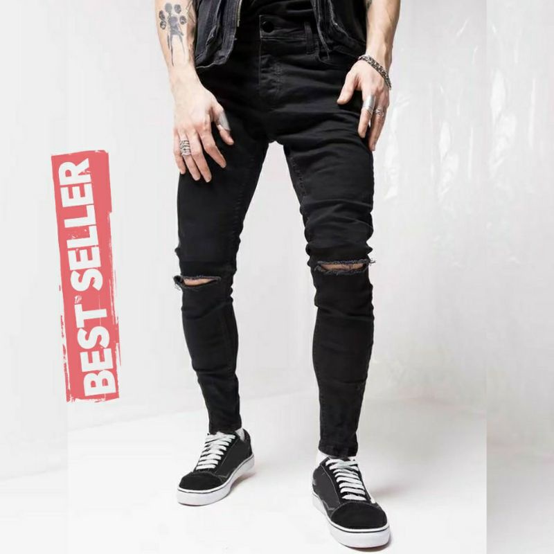 CELANA JEANS SOBEK PRIA RIPPED ROBEK SLIMFIT PENSIL SKINNY STRETCH HITAM PREMIUM 27-38