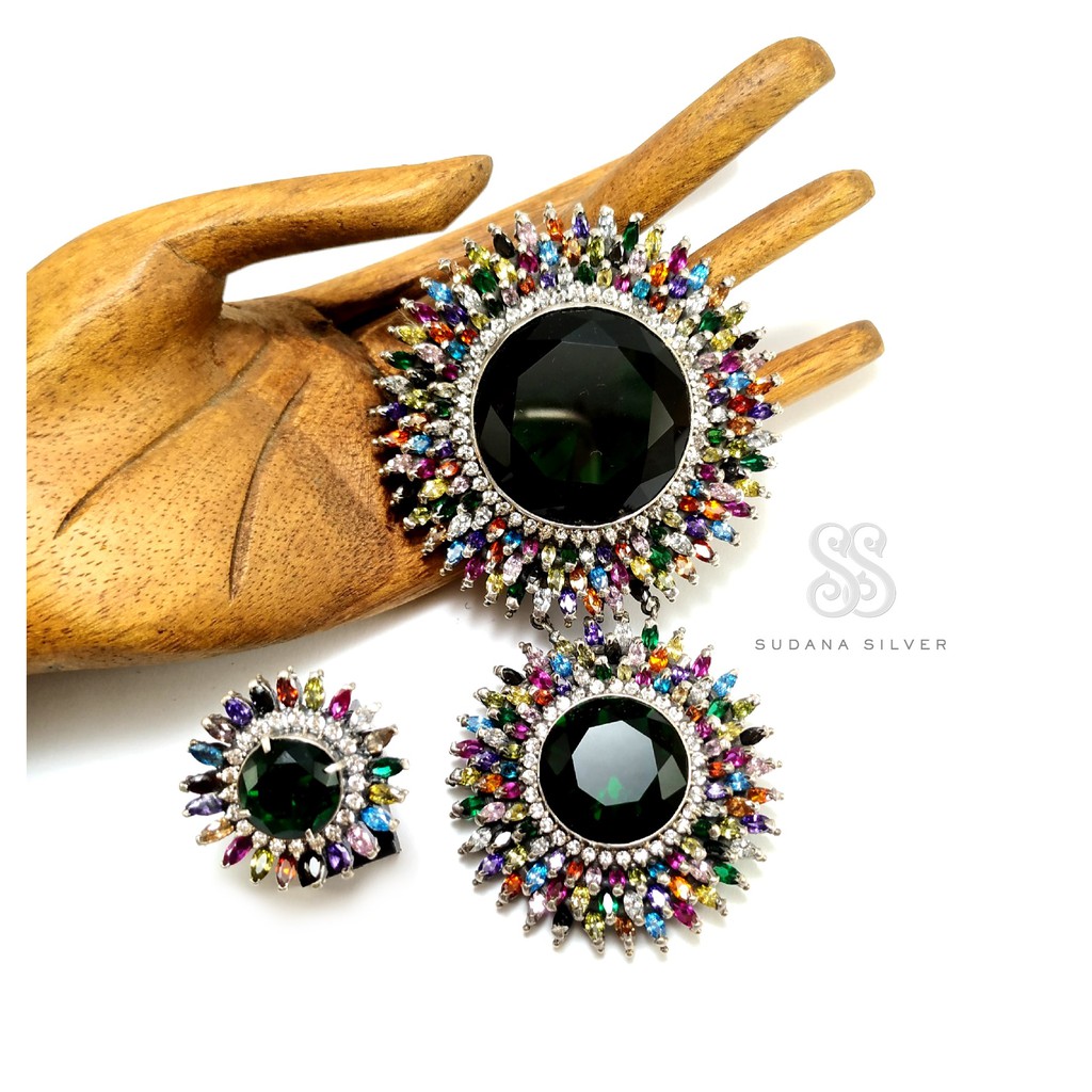 Set Perhiasan Bros dan Cincin Perak Zircon Mix Silver 925 Bali