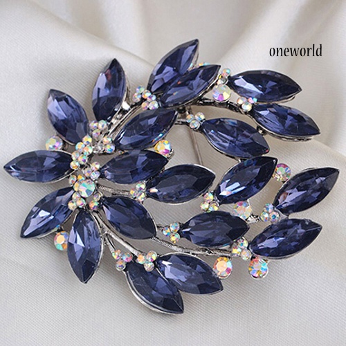 OW@ Women Sapphire Blue Flower Brooch Pin Zircon Glass Alloy Wedding Party Jewelry