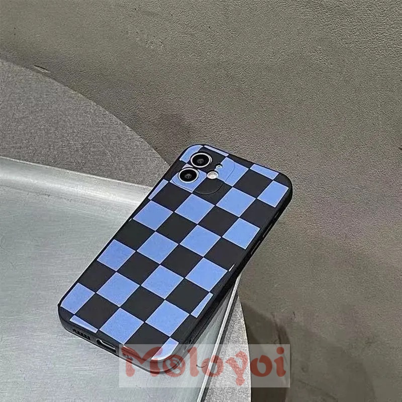 Soft Case Silikon Tpu Motif Kotak-Kotak Biru Untuk IPhone 7 8 Plus 13 12 11 Pro Max 6 6s Plus X XS Max XR SE 2020