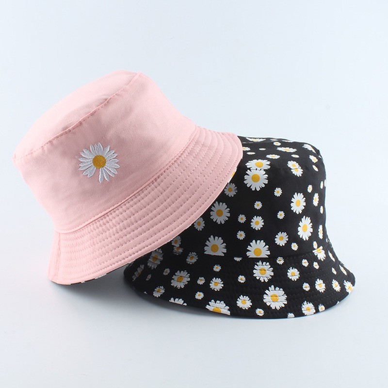 Topi Bucket Dua Sisi Anti Uv Motif Bordir Bunga Daisy Bahan Katun Twill / Bucket Bordir Bunga