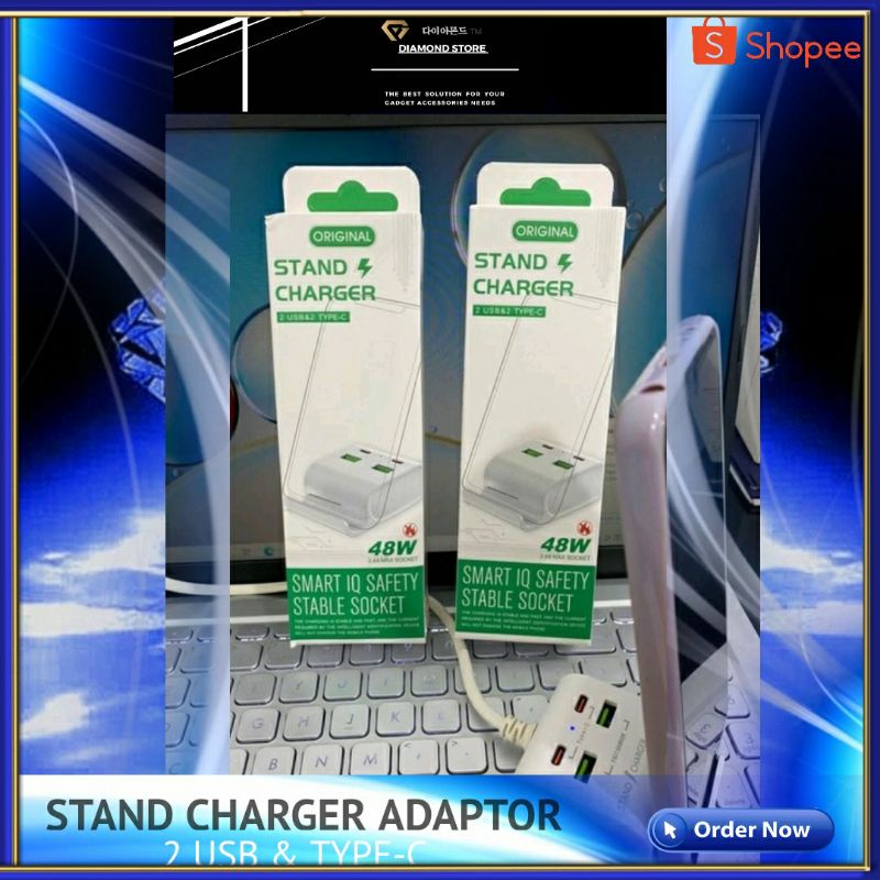 BARU !! CHARGER ADAPTOR COLOKAN LISTRIK STANDING HP 2 USB 48 WATT 3.0A