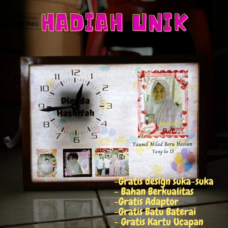 [HADIAH UNIK] Jam Lampu Hias Custom Foto Akrilik Hadiah Ulang Tahun