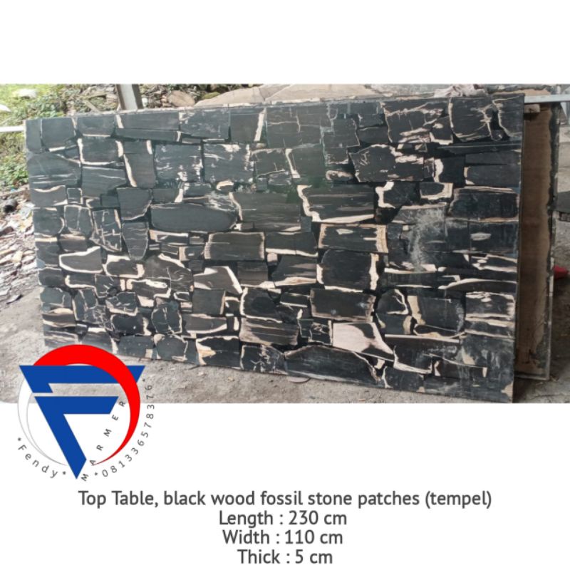 Daun meja batu fossil kayu hitam tempelan P.230 L.110 Tebal 5cm