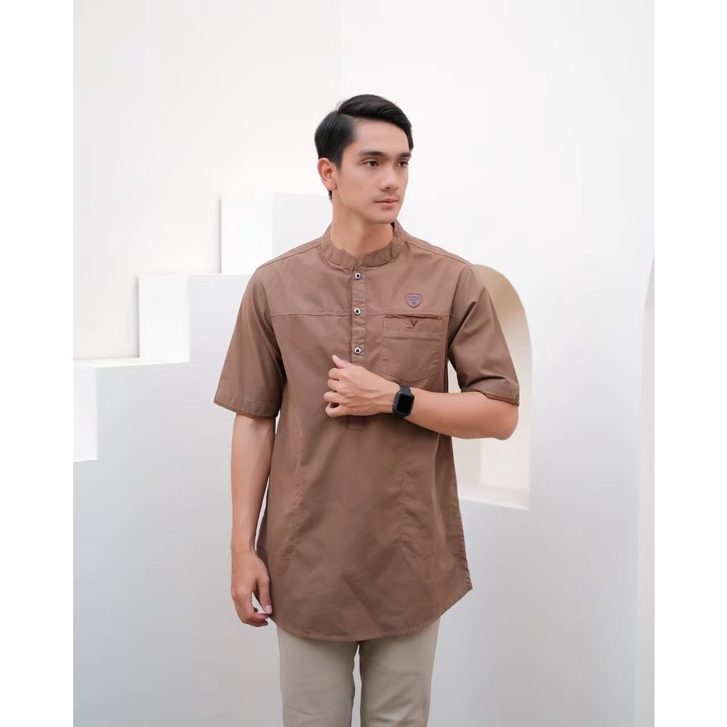 Nayfar Baju Koko Pria Lengan Pendek Canvas Full Katun Washing Mocca