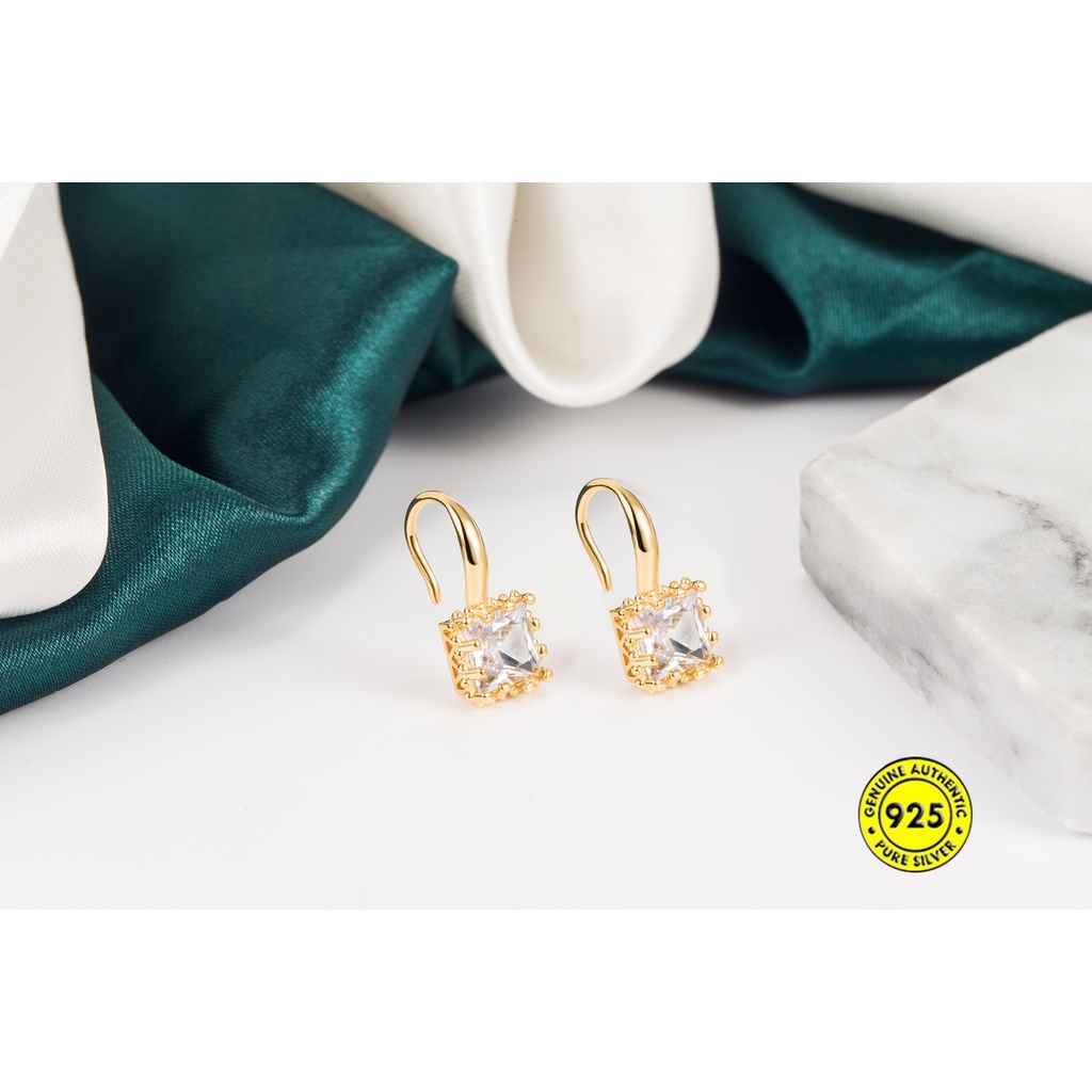 Anting Sterling Silver Bentuk Persegi Aksen Zircon Gaya Retro Perancis