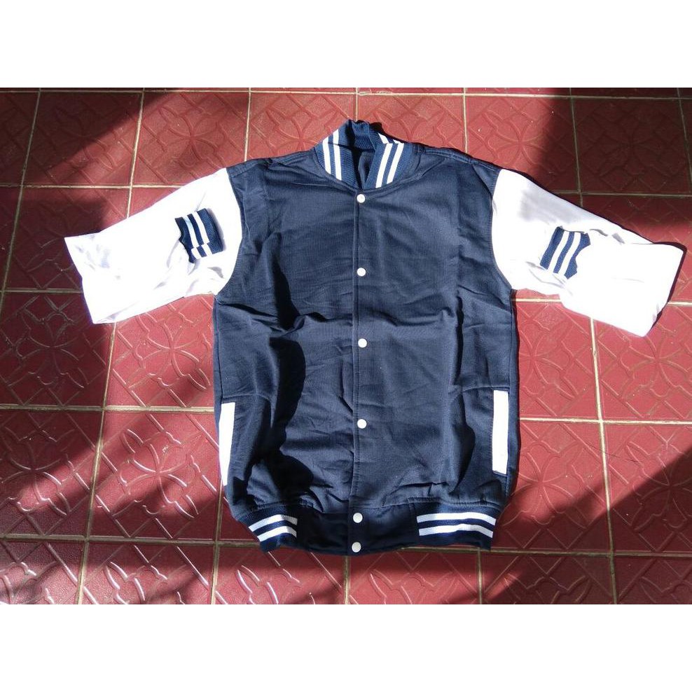 JAKET CEWEK PROMO JAKET BASEBALL POLOS NAVY LENGAN PUTIH  DISKON JACKET SWEATER POLOSAN PRIA WANITA