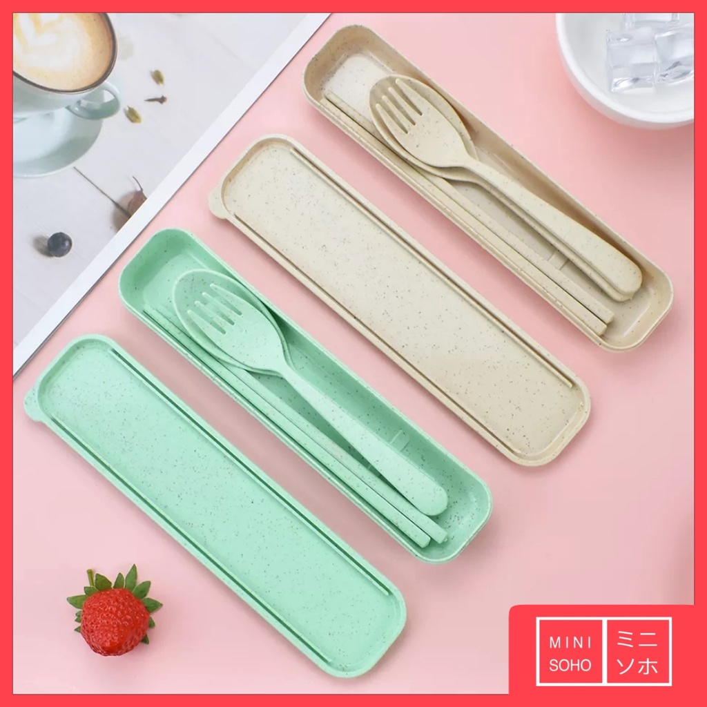 Sendok Garpu Sumpit Set 3 in 1 Bahan Jerami + Kotak Set Perlengkapan Alat Makan Portable Travel