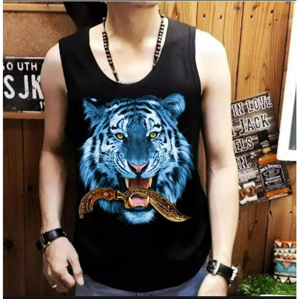 ASY SINGLET PRIA KAOS SINGLET SABLON BERKUALITAS GAMBAR HARIMAU BIRU