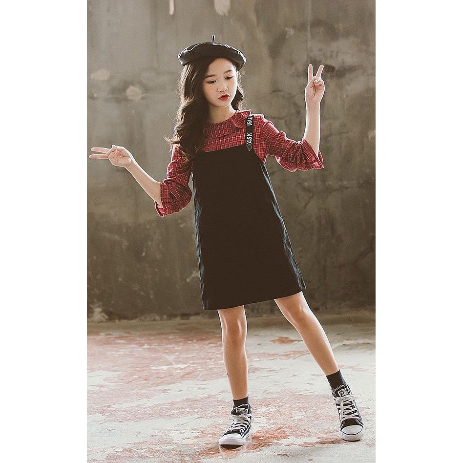 Setelan Anak Perempuan Impor Overall Merah Hitam Fashion / Overall Dress Anak