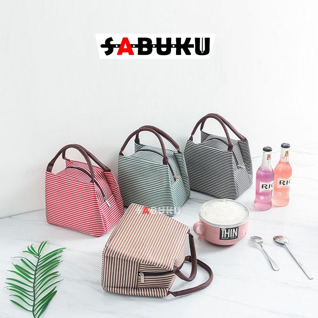 Tas Bekal Makan Model Resleting Cute Lunch Box Makanan Alumunium Kotak Makan Lunch Bag Kotak Stripe - 221