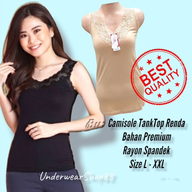 Camisole Tanktop Renda V-Neck/TankTop Renda Rayon Spandek Premium/TankTop Renda Murah/TankTop Renda Jumbo/Size L - XXL