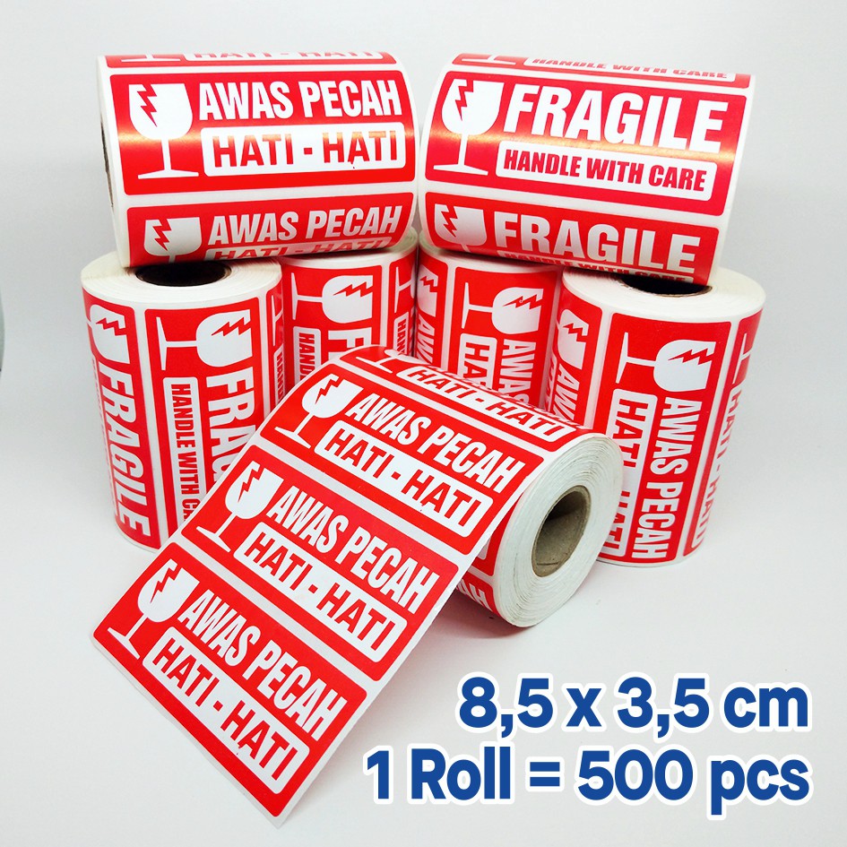 

500 pcs/roll Label Stiker Awas Pecah Hati-hati Sticker Fragile Handle with Care 85 x 35 mm