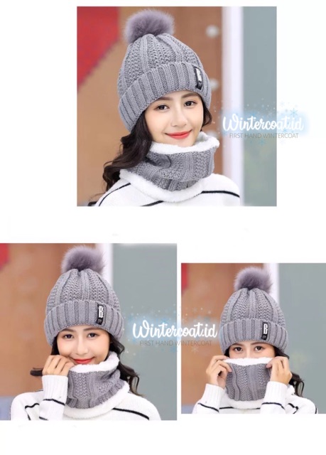 Beanie hat dan Neck warmer 1 set wanita anak cewek topi winter kupluk hangat tebal musim dingin