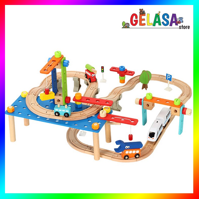 Gelasa Mainan kayu anak Construction Train Track Toys