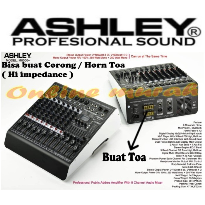 power mixer ashley m8500+ ashley m 8500+ 70v-100v dan 8 ohm