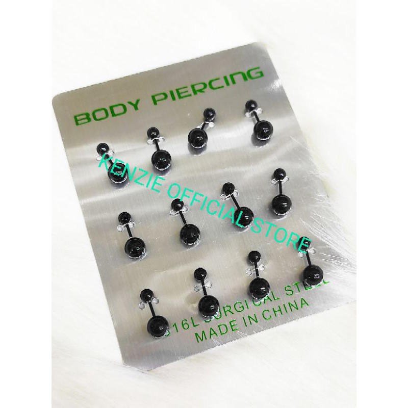 Anting piercing isi 12pcs bola 2 warna hitam skn 28