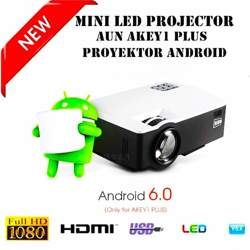 AUN AKEY1 Plus WiFi Proyektor 1080P 1800 Lumens Android 6.0 Proyektor Android Mini Projector TV