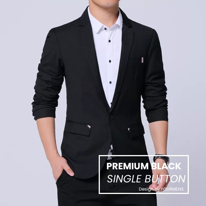 BLAZER PRIA FULL BLACK SLIM SINGLE BUTTON SLIMFIT ORIGINAL NIKAYU BAHAN HIGH TWIST PREMIUM