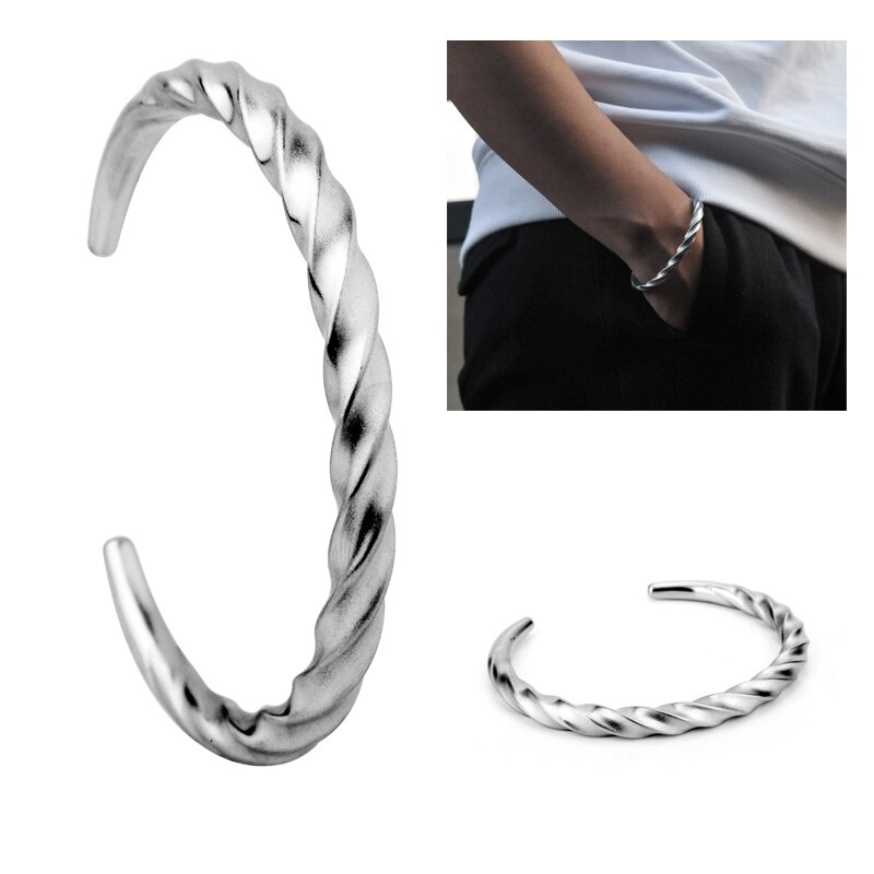 Gelang Bangles Bahan Titanium Steel Warna Silver Gaya Hip Hop Untuk Pria Dan Wanita