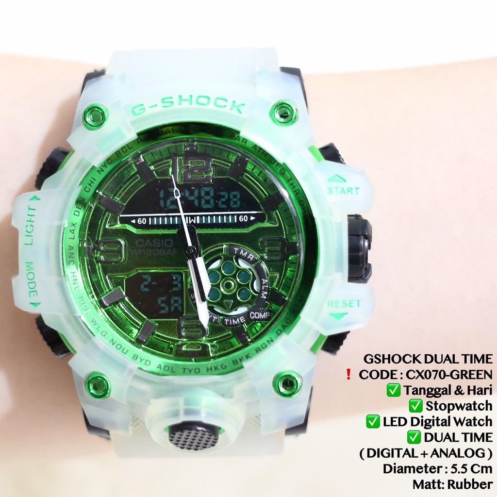 Jam tangan pria GSHOCK double time tali transparan silver free baterai cadangan CX070