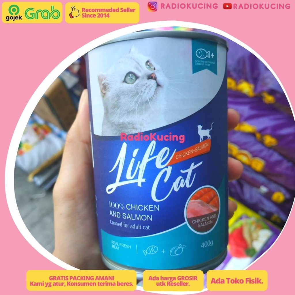 (Biru) Wet Food Life Cat Adult CHICKEN & SALMON 400 gr r Kaleng - JUWIES RADIO KUCING