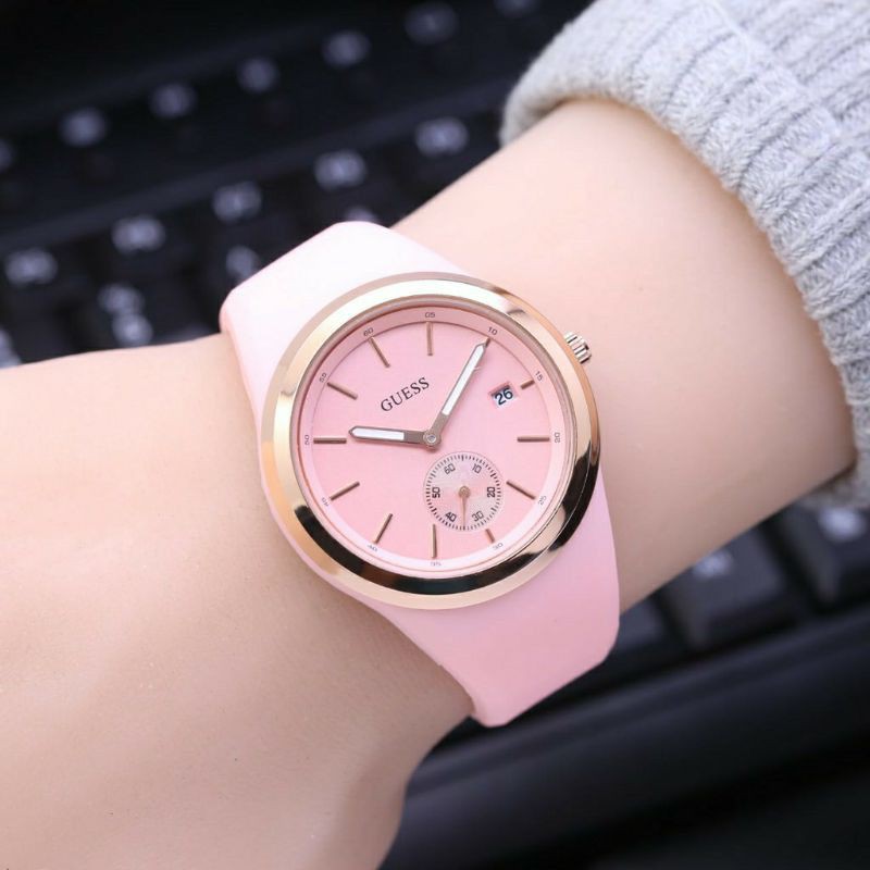 Jam Tangan Cewek Rubber Fitur Tanggal Detik Bawah Berfungsi Murah Bergaransi-Pink