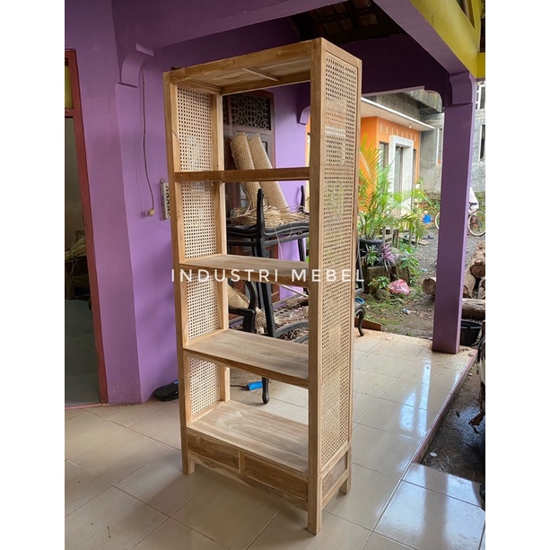 Rak Buku Jati Rotan Model Terbaru Minimalis Modern Harga Murah - Lemari Rak Dapur Hias Pajangan