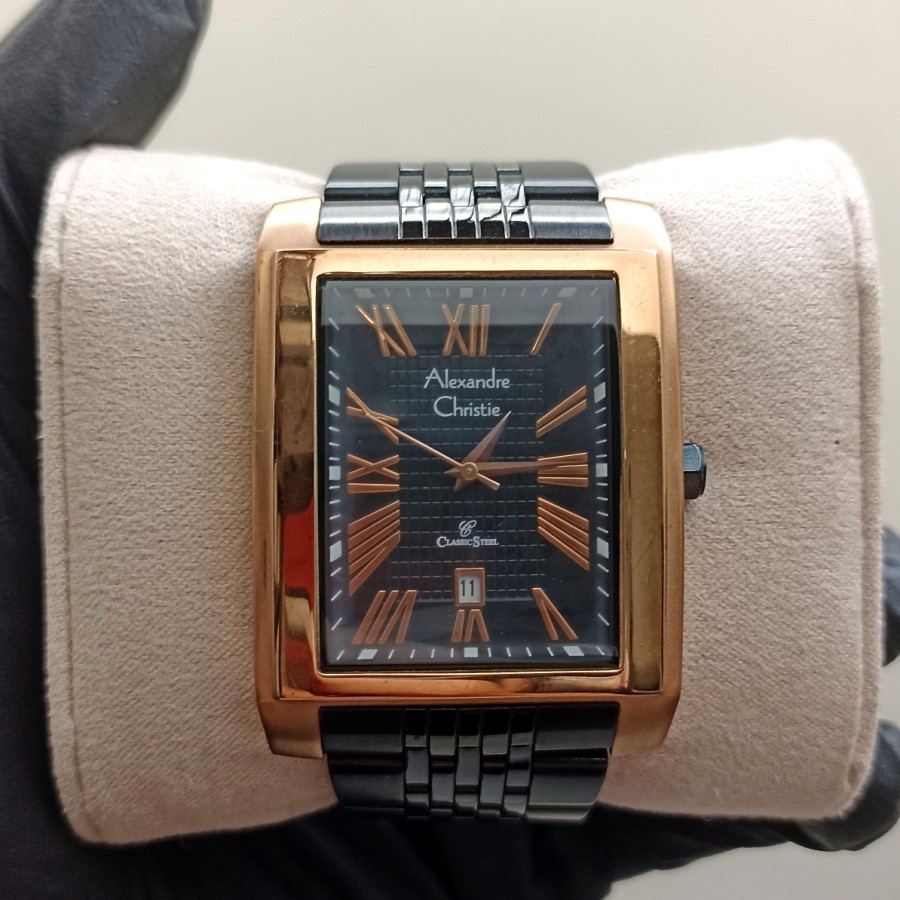 Jam Tangan Rantai Hitam Emas Pria Persegi Petak Alexandre Christie Classic Steel Quartz