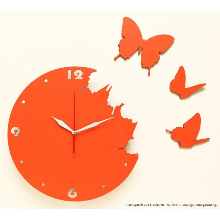jam dinding unik artistik   butterfly orange wall clock