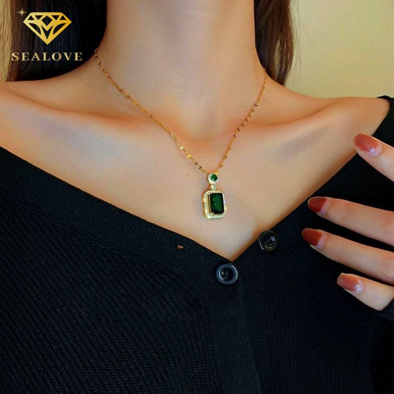 SEALOVE Kalung Permata Hijau Zamrud Titanium Asli Anti Karat Kalung Wanita Berlian Persegi Aksesoris Korea Premium