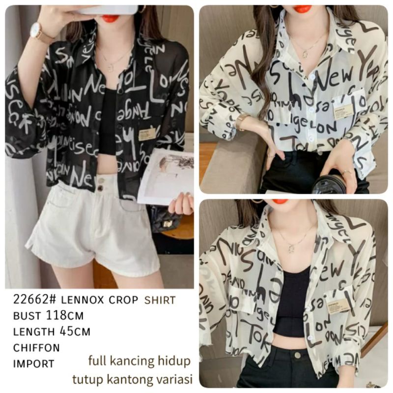 MDLV ~ 22662# Lennox Crop Shirt kemeja Chiffon Alfabet Kemeja Crop Lengan Panjang Kemeja Korea Fashion Import